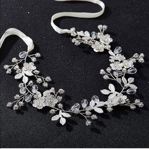 Bridal Headpiece Wedding Silver Crystal Flower-Leaf Hair Vine